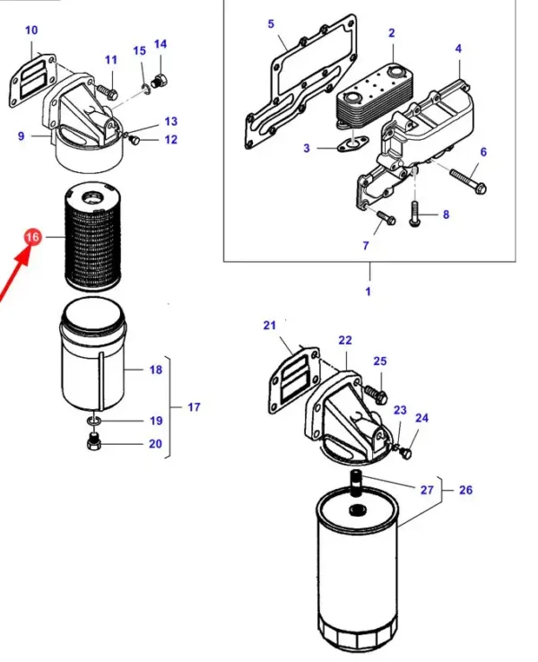 Oryginalny filtr oleju silnika- wkład o numerze katalogowym 4225348M1, stosowany w ładowaczach marki Massey Ferguson- schemat.