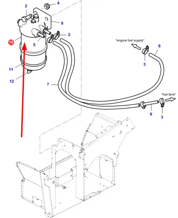 Oryginalny filtr paliwa silnika, stosowany w maszynach rolniczych marki Massey Ferguson schemat.