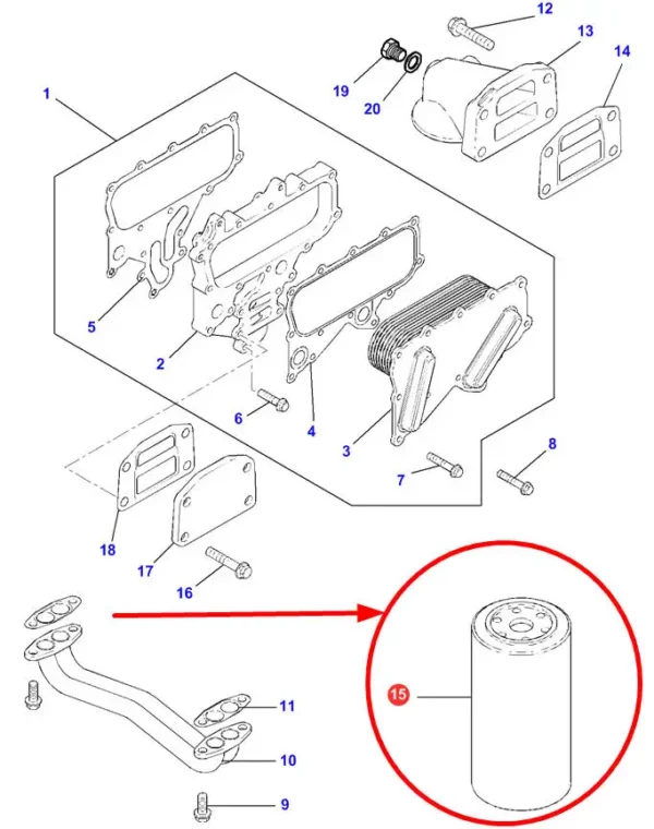 Oryginalny filtr oleju silnika puszkowy firmy Agco stosowany w maszynach marki Massey Ferguson schemat