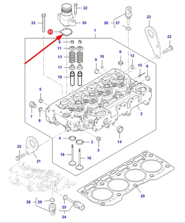 Oryginalna uszczelka obudowy termostatu o numerze katalogowym 4226381M1, stosowana w ciągnikach rolniczych marki Massey Ferguson schemat.