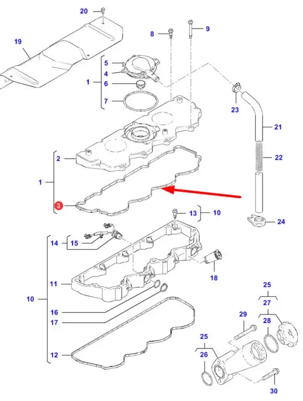 Oryginalna uszczelka pokrywy zaworowej o numerze katalogowym 4226557M1, stosowana w ciągnikach rolniczych marki Massey Ferguson schemat.