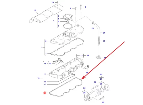 Oryginalna uszczelka pokrywy zaworowej o numerze katalogowym 4226559M1, stosowana w ciągnikach rolniczych marki Massey Ferguson. schemat