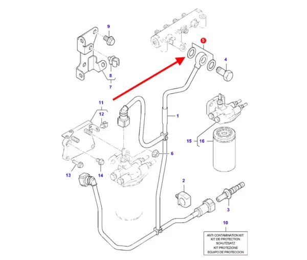 Oryginalna podkładka uszczelniająca przewodu paliwowego, stosowana w ciągnikach rolniczych marki Massey Ferguson. schemat