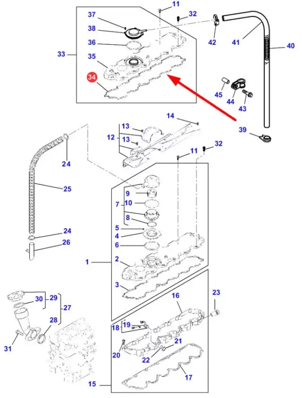 Oryginalna uszczelka pokrywy zaworowej, stosowana w maszynach marki Massey Ferguson. schemat