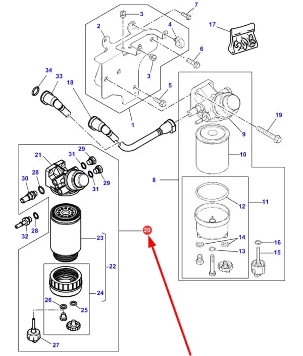 Oryginalny filtr paliwa z pompką ręczną o numerze katalogowym 4226820M1, stosowany w ciągnikach rolniczych marki Massey Ferguson schemat.