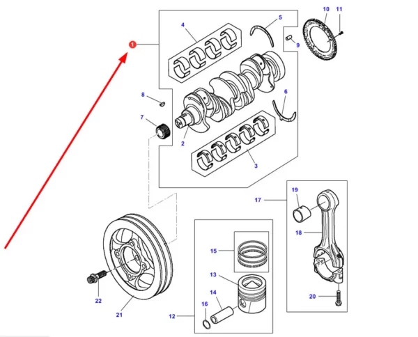 Oryginalny wał korbowy o numerze katalogowym 4226956M91, stosowany w ciągnikach rolniczych i ładowarkach teleskopowych marki Massey Ferguson. schemat