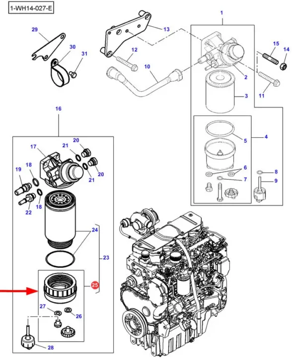 Oryginalny odstojnik wody, stosowany w maszynach rolniczych marki Massey Ferguson. schemat