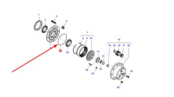Oryginalny pierścień uszczelniający oring zwolnicy przedniej o numerze katalogowym 4237550M1, stosowny w ładowarkach teleskopowych marki Massey Ferguson. schemat