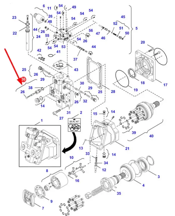 Oryginalny zawór silnika hydrostatycznego o numerze katalogowym 4241327M1, stosowany w ładowaczach marki Massey Ferguson schemat.