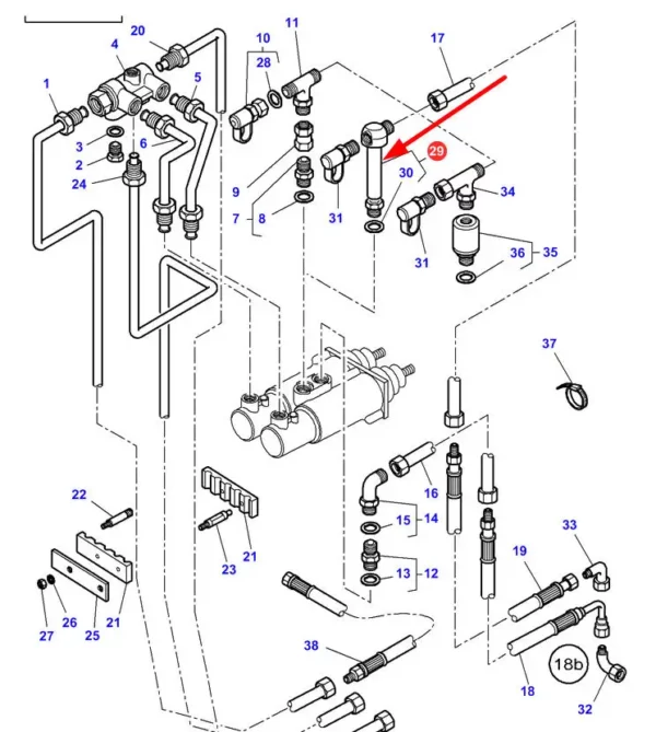 Oryginalny trójnik łączenia przewodów układy hamulcowego o numerze katalogowym 4274589M1, stoswana w ciagnikach rolniczych marki Massey Ferguson.