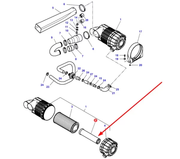 Oryginalny filtr wewnętrzny powietrza silnika o numerze katalogowym 4270034M1, stosowany w ciągnikach rolniczych marki Massey Ferguson. schemat
