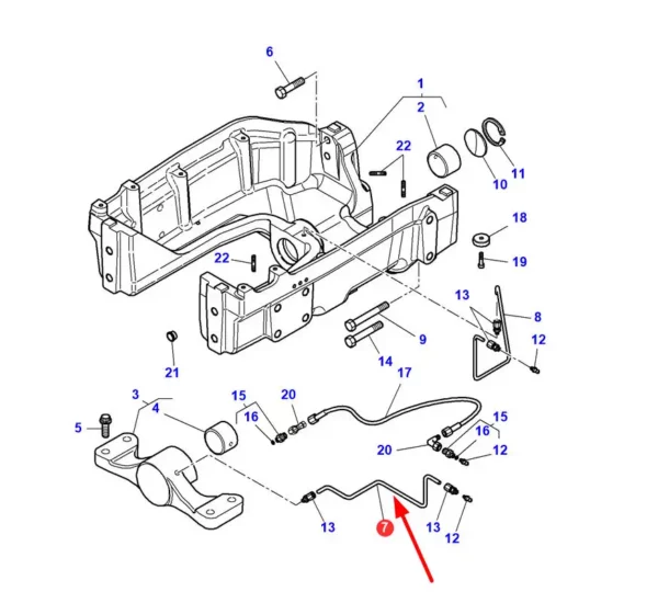 Oryginalny przewód smarowania zawieszenia przedniej osi, stosowany w ciągnikach rolniczych marki Massey Ferguson schemat