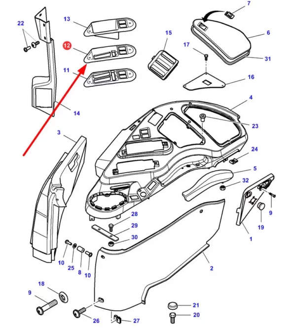 Oryginalna wstawka plastikowa konsoli sterowania o numerze katalogowym 4270711M1, stosowane w ciągnikach rolniczych marki Massey Ferguson schemat.