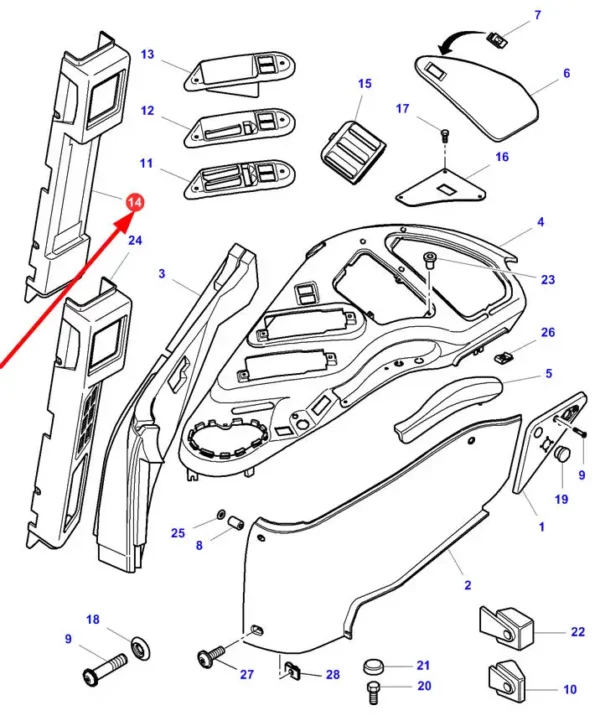 Oryginalny panel boczny o numerze katalogowym 4270875M92, stosowany w ciągniakch rolniczych marki Massey Ferguson- schemat.