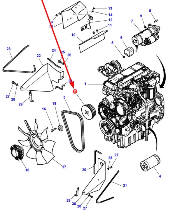 Oryginalne kolo pasowe wentylatora o numerze katalogowym 4271031M2, stosowane w ciągnikach rolniczych marek Massey Ferguson i Challenger. schemat