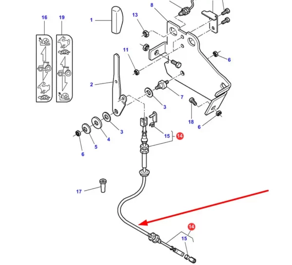 Oryginalna linka zmiany biegów o numerze katalogowym 4271476M1, stosowany w ciągnikach rolniczych marki Massey Ferguson schemat