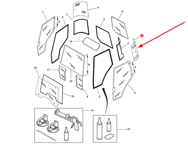 Oryginalna szyba narożnikowa tylna lewa o numerze katalogowym 4272763M1, stosowana w ciągnikach rolniczych marki Massey Ferguson. schemat
