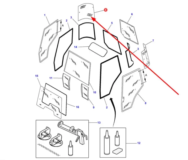 Szyba narożnikowa tylna prawa o numerze katalogowym 65015023, stosowana w ciągnikach rolniczych marek Massey Ferguson i Challenger. schemat