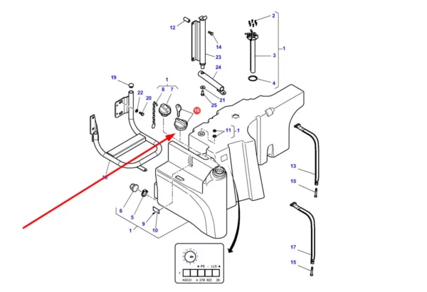 Oryginalny korek zbiornika paliwa o numerze katalogowym 4274363M1, stosowany w ciagnikach rolniczych marek Massey Ferguson, Fendt, Valtra i Challenger. schemat