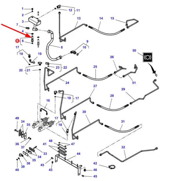 Oryginalna łącznik przewodów układu hamulcowego o numerze katalogowym 4275006M91, stosowany w ciągniach rolniczych marek Challenger oraz Massey Ferguson schemat,