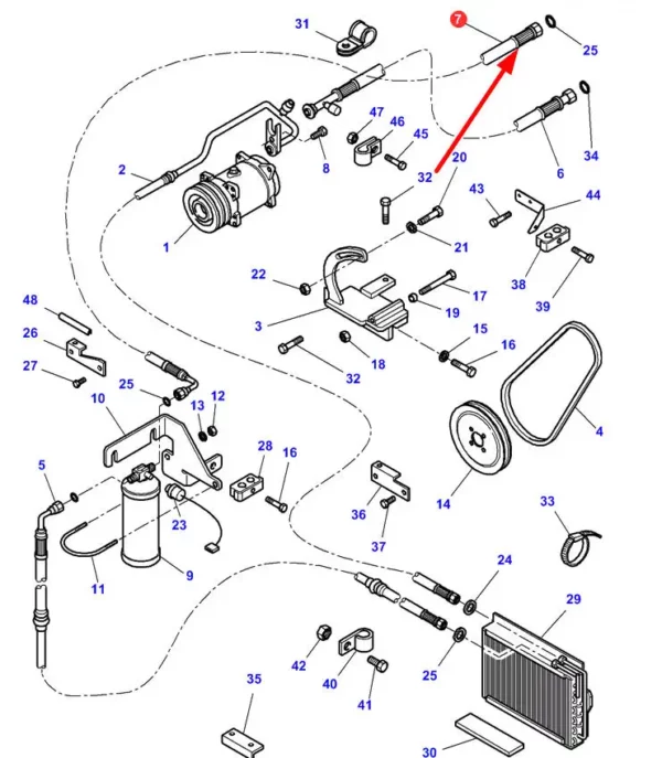 Oryginalny przewód hydrauliczny o numerze katalogowym 4276067M2, stosowany w ciągnikach rolniczych marki Massey Ferguson schemat.