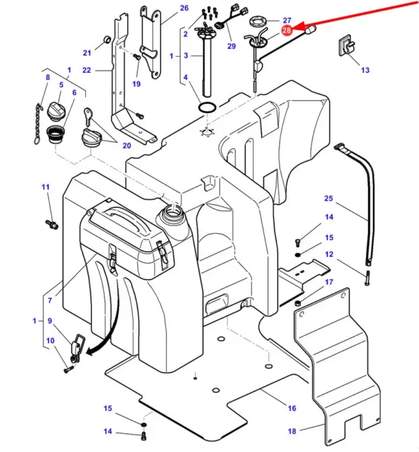 Oryginalny czujnik poziomu paliwa w zbiorniku o numerze katalogowym 4276588M3, stosowany w ciągnikach rolniczych marek Massey Ferguson, Challenger schemat.