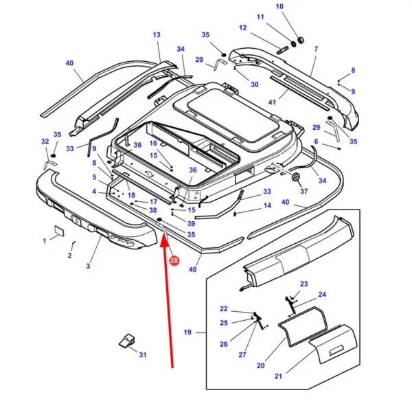 Oryginalna uszczelka dachu kabiny, stosowana w ciągnikach rolniczych marki Massey Ferguson. schemat