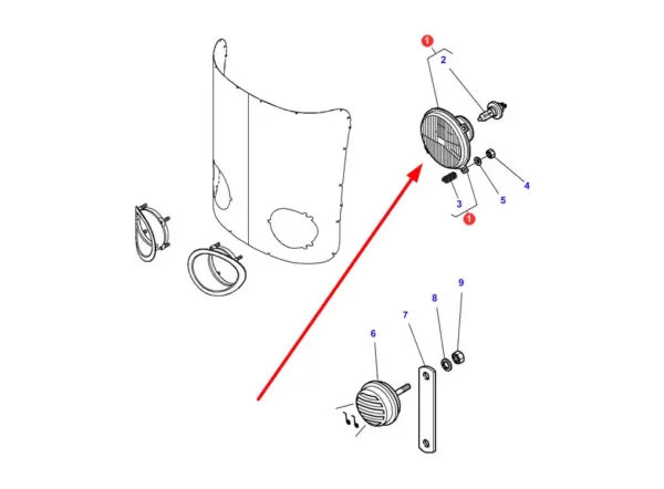 Oryginalny reflektor przedni o numerze katalogowym 4278938M92, stosowany w ciągnikach rolniczych marki Massey Ferguson. schemat