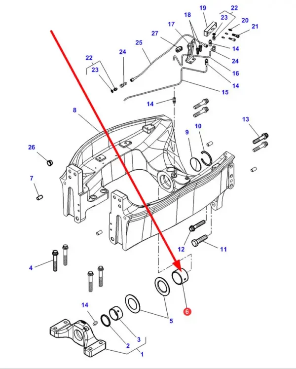 Oryginalana tuleja przedniego zawieszenia o numerze katalogowym 4281044M1, stosowana w maszyanach marki Massey Ferguson oraz Challenger schemat