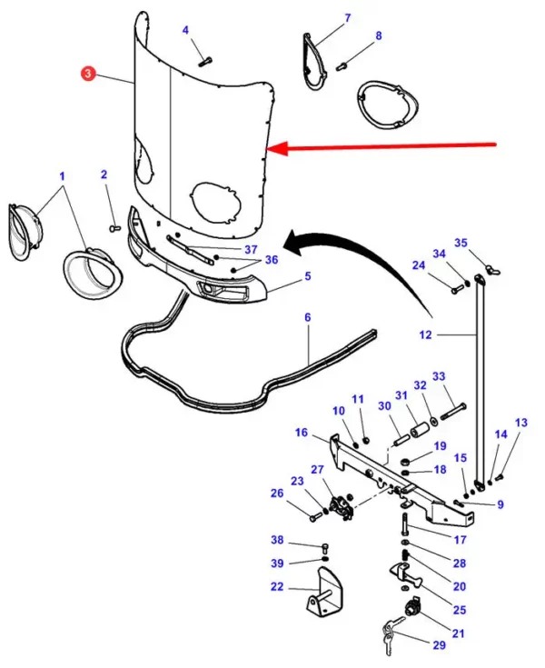 Oryginalny przedni grill, stosowany w ciągnikach rolniczych marki Massey Ferguson. schemat