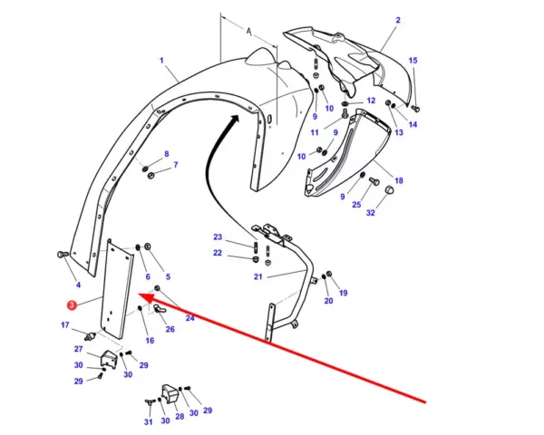 Oryginalna lewa osłona metalowa błotnika tylnego o numerze katalogowym 4281554M1, stosowana w ciągnikach rolniczych marki Massey Ferguson i Challenger. schemat