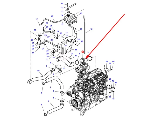 Oryginalny przewód gumowy powietrza silnika, stosowany w ciągnikach rolniczych mark Challenger i Massey Ferguson schemat