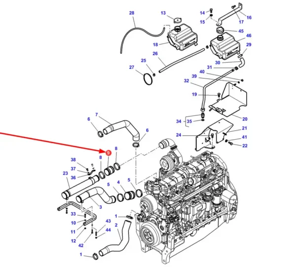 Oryginalny przewód gumowy układu chłodzenia o numerze katalogowym 4282380M1, stosowany w ciągnikach rolniczych marek Massey Ferguson i Challenger.-schemat