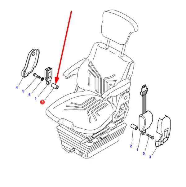 Oryginalna tulejka mocowania pasów bezpieczeństwa, stosowana w ciągnikach marki Challenger, Fendt, Valtra, Massey Ferguson schemat.