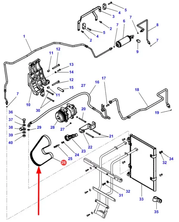 Oryginalny pasek klinowy wielorowkowy 6 PK x 1365 lp, stosowany w maszynach rolniczych Massey Ferguson. schemat