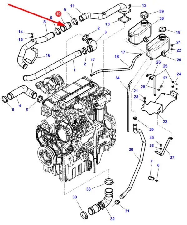 Oryginalny przwód gumowy chłodzenia silnika o numerze katalogowym 4287093M1, stosowana w ciągnikach rolniczych marki Massey Ferguson oraz Challenger schemat.