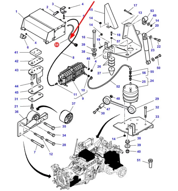 Oryginalny filtr powietrza sprężarki pneumatycznego zawieszenia kabiny o numerze katalogowym 4288283M91, stosowany w ciągnikach rolniczych marki Massey Ferguson schemat.