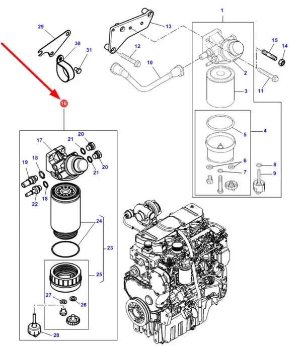 Oryginalny filtr paliwa z pompką zasilającą o numerze katalogowym 4288692M2, stosowany w ciągnikach rolniczych marki Massey Ferguson schemat.