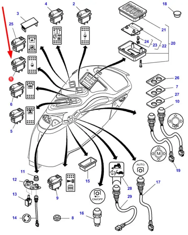 Oryginalny przełącznik wahadłowy, stosowany w ciągnikach rolniczych marki Challenger oraz Massey Ferguson schemat.