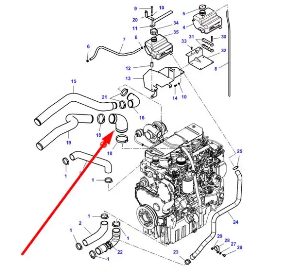 Oryginalny przewód gumowy o numerze katalogowym 4290855M1, stosowany w ciągnikach rolniczych marki Massey Ferguson schemat