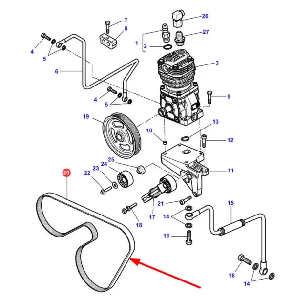 Oryginalny pasek klinowy, stosowany w maszynach marki Massey Ferguson. schemat