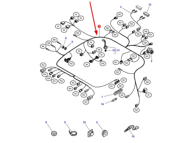 Oryginalna wiązka przewodów dachu o numerze katalogowym 4291438M2, stosowana w ciągnikach rolniczych marki Massey Ferguson. schemat