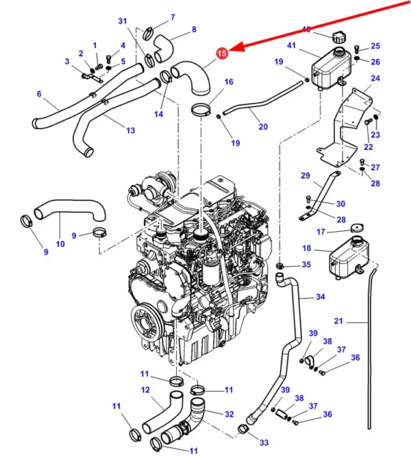 Oryginalny przewód gumowy układu chłodzenia o numerze katalogowym 4291889M1, stosowany w ciągnikach rolniczych marki Massey Ferguson schemat.