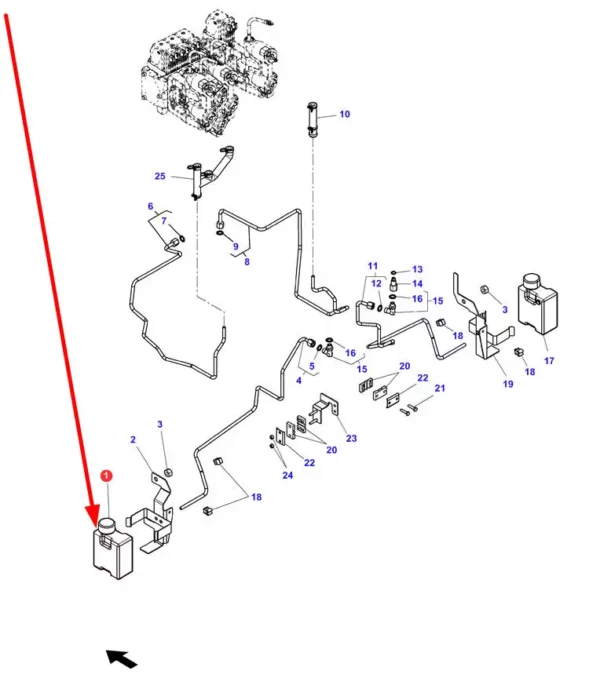 Oryginalny zbiorniczek spływającego oleju o numerze katalogowym 4296047M1, stosowany w ciągnikach rolniczych marek Massey Ferguson, Challenger schemat.