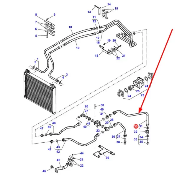 Oryginalny przewód hydrauliczny metalowy układu chłodzenia oleju o numerze katalogowym 4297106M1, stosowany w ciągnikach rolniczych marki Massey Ferguson. Challenger schemat.