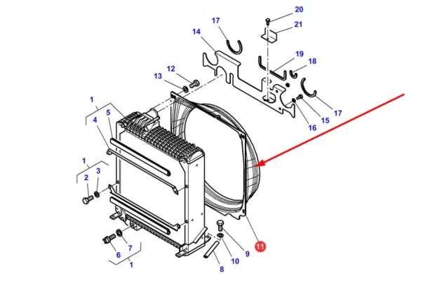 Oryginalna obudowa wentylatora chłodnicy, stosowana w ciągnikach rolniczych marek Challenger i Massey Ferguson schemat