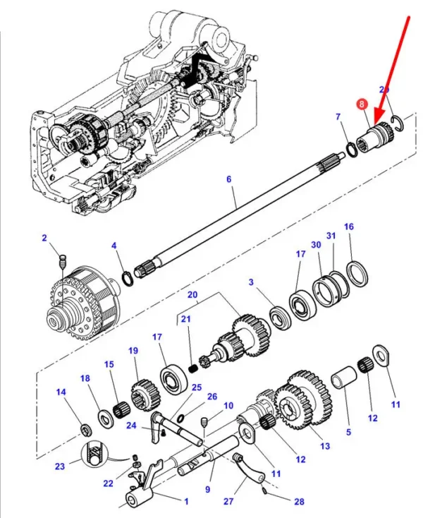 Oryginalna tuleja WOM o numerze katalogowym 4301849M1, stosowana w maszynach rolniczych marek Massey Ferguson oraz Challenger schemat