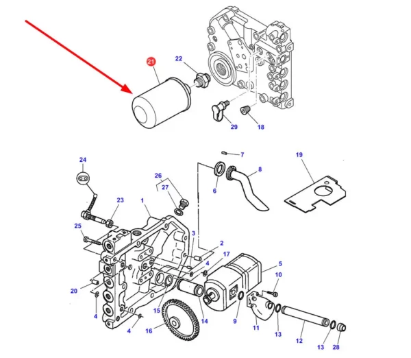 Oryginalny filtr oleju hydrauliki puszkowy o numerze katalogowym 4303303M1, stosowany w ciągnikach rolniczych marek Massey Ferguson i Challenger. schemat