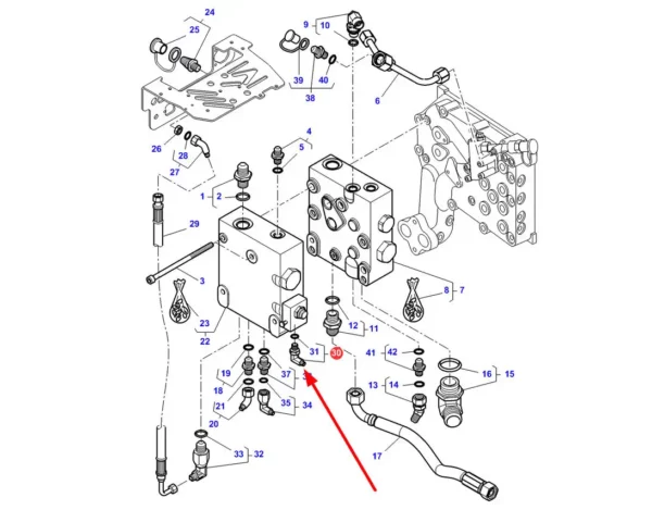 Oryginalne kolanko hydrauliczne z redukcją, stosowane w ciągnikach rolniczych marek Challenger i Massey Ferguson schemat