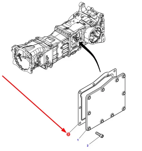 Oryginalna uszczelka lewej pokrywy przekładni o numerze katalogowym 4304538M1, stosowana w ciągnikach rolniczych marek Massey Ferguson, Valtra schemat.